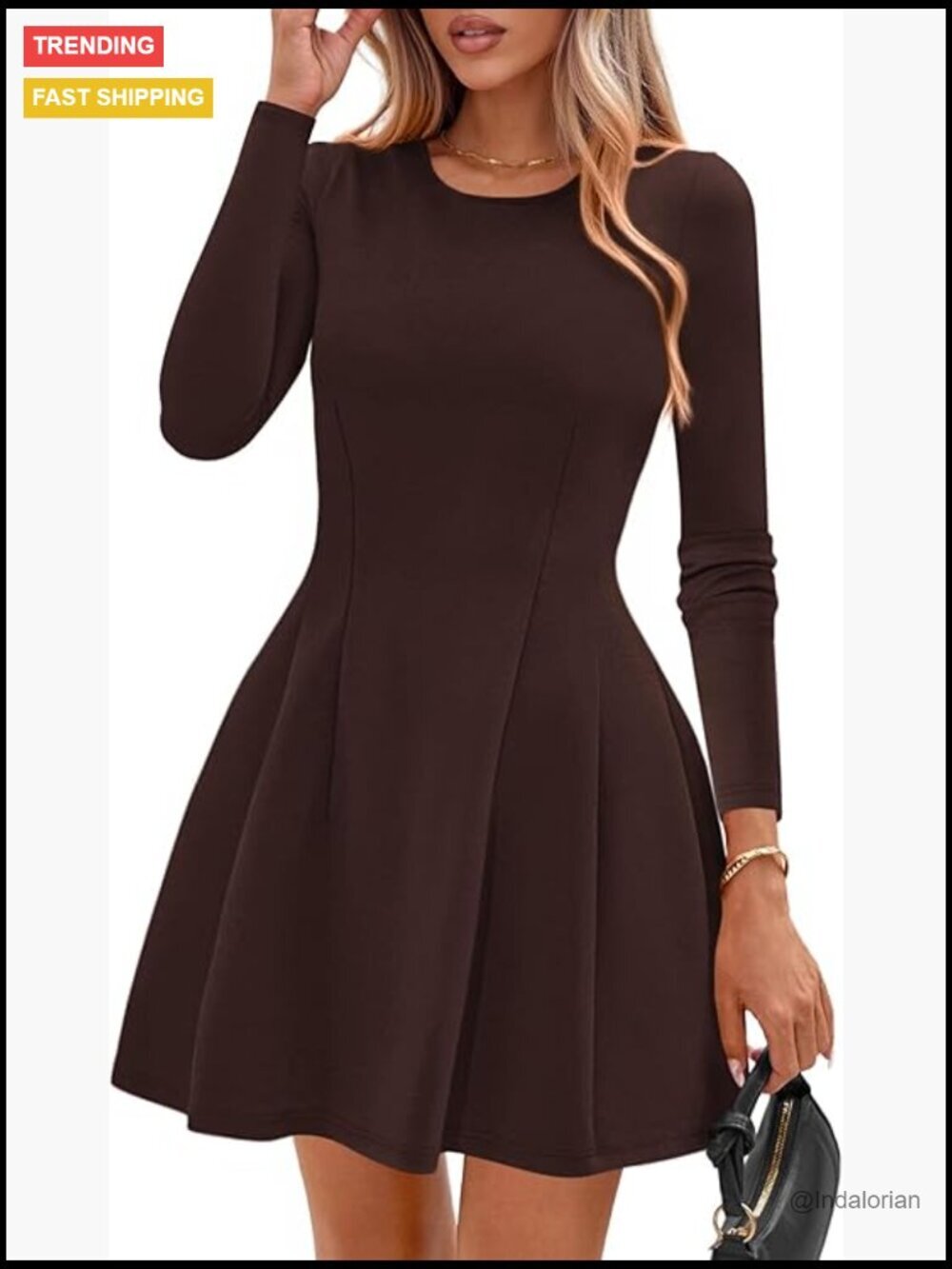 Long Sleeve Mini Dress Crewneck Knit Pleated Babydoll A Line